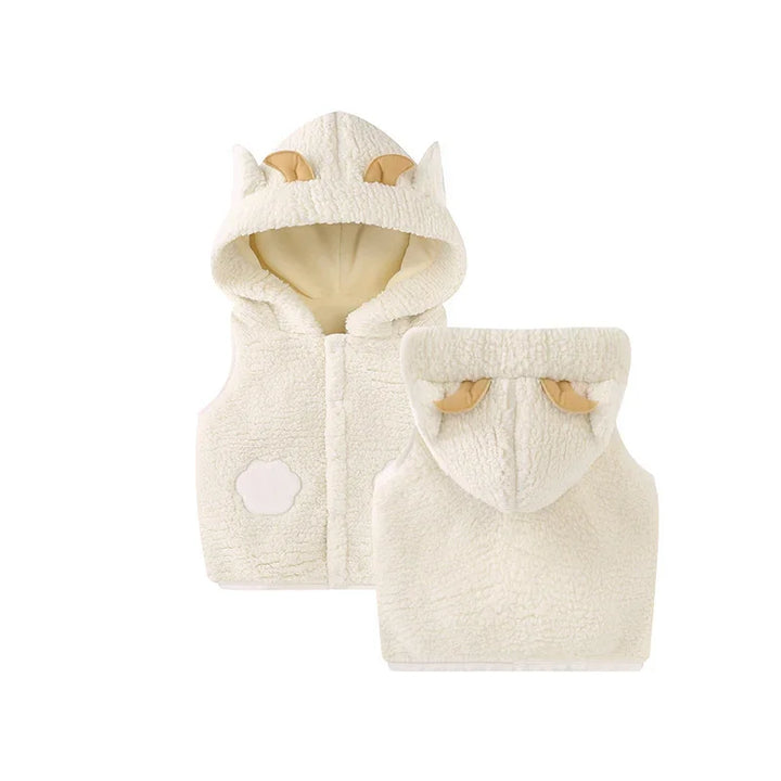 Cream-colored toddler sleeveless hooded vest with soft fleece, animal ears, and paw patch detail