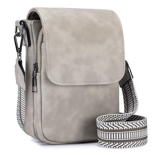 Light gray leather crossbody bag with flap and patterned adjustable strap