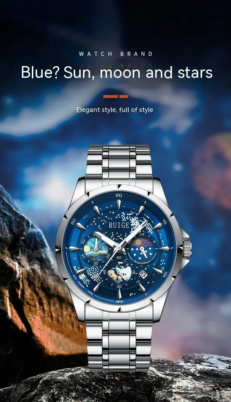 Elegant RUIGE silver wristwatch with blue celestial dial featuring sun, moon, stars on rocky background