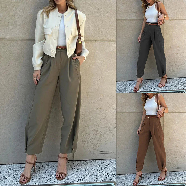 Women modeling high-waisted tapered pants in olive, dark gray, and brown paired with white tops and brown heels