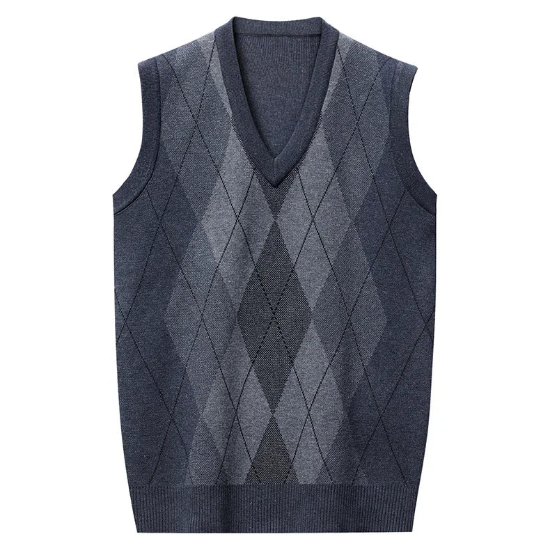 Men's sleeveless argyle sweater vest with V-neck in shades of dark gray and black