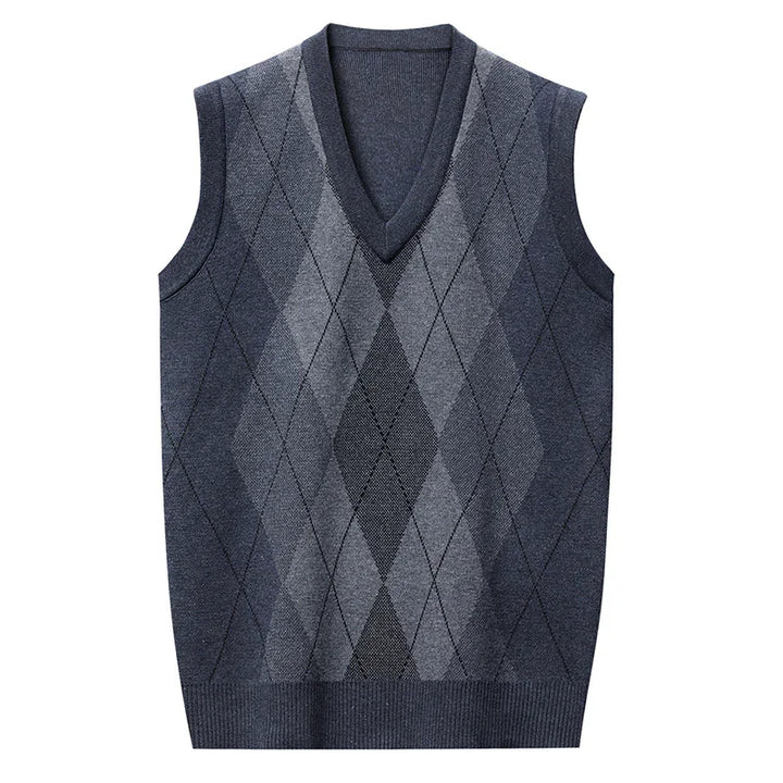 Men's sleeveless argyle sweater vest with V-neck in shades of dark gray and black
