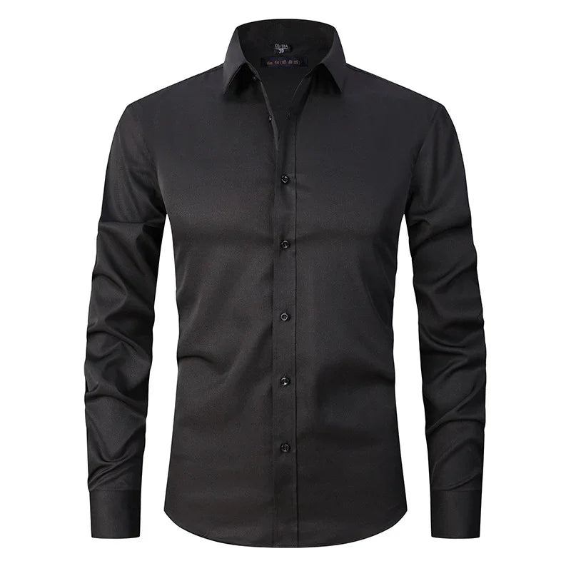 Men's black slim fit long sleeve dress shirt with button front and classic collar