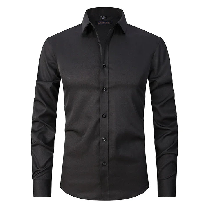 Men's black slim fit long sleeve dress shirt with button front and classic collar