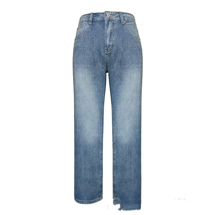 Blue high-waisted straight-leg denim jeans with faded wash and raw hem detail