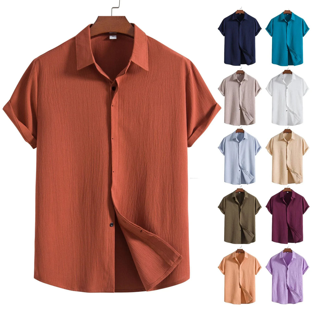 Men's casual short sleeve button-up shirts in various colors with textured fabric