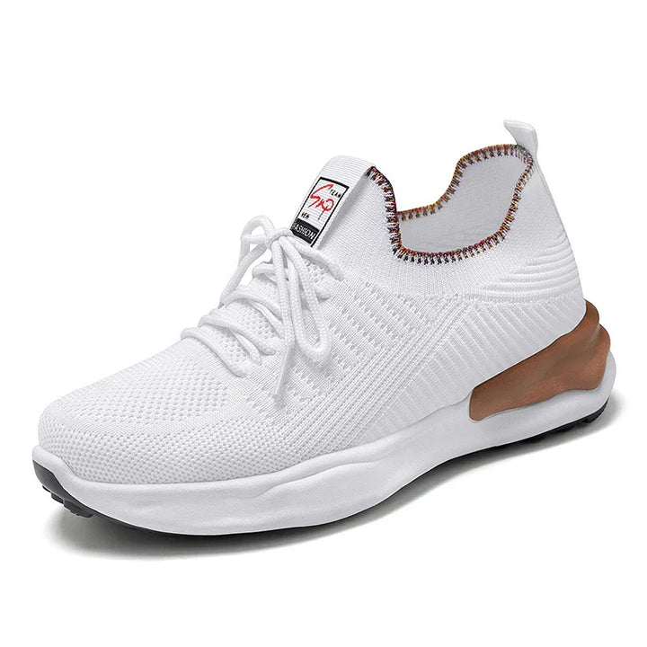 White knitted fabric athletic sneaker with lace-up design and brown cushioned sole accent