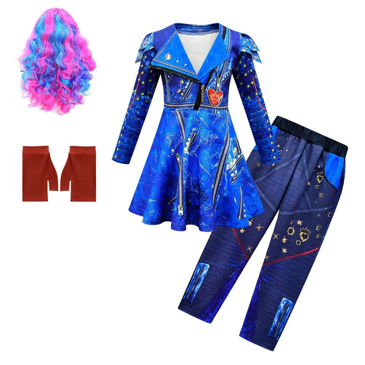 Blue jacket and pants costume with heart and crown details, pink and blue curly wig, and red fingerless gloves
