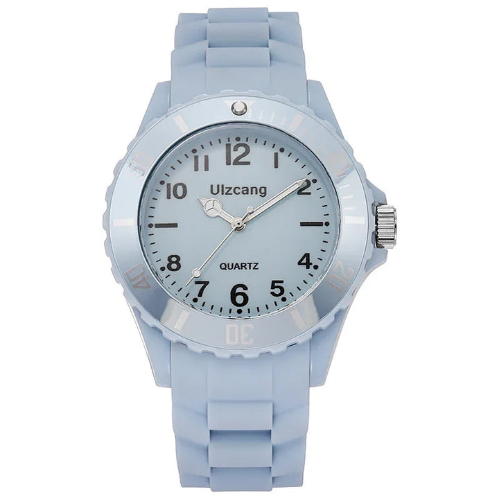 Ulzcang light blue quartz wristwatch with silicone strap and silver-tone bezel