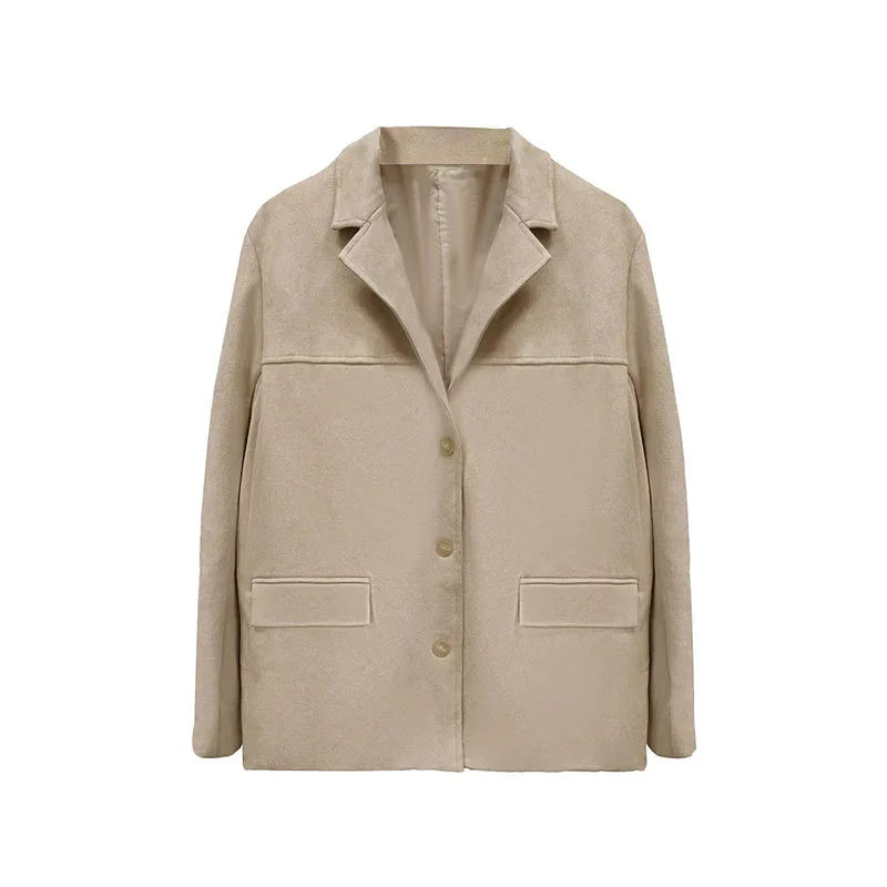 Beige wool blend winter jacket with lapel collar and front pockets on white background