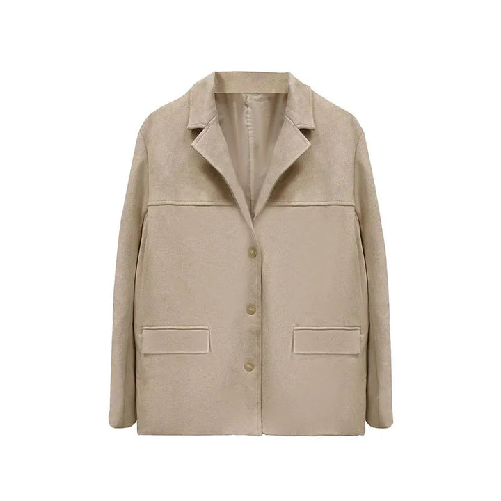 Beige wool blend winter jacket with lapel collar and front pockets on white background