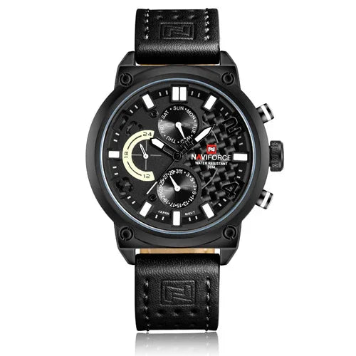 NAVIFORCE black leather strap watch with multi-function dial and water resistant design