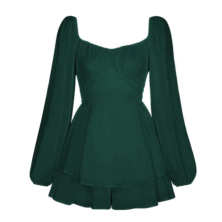Dark green long-sleeve romper with square neckline and layered skirt detail