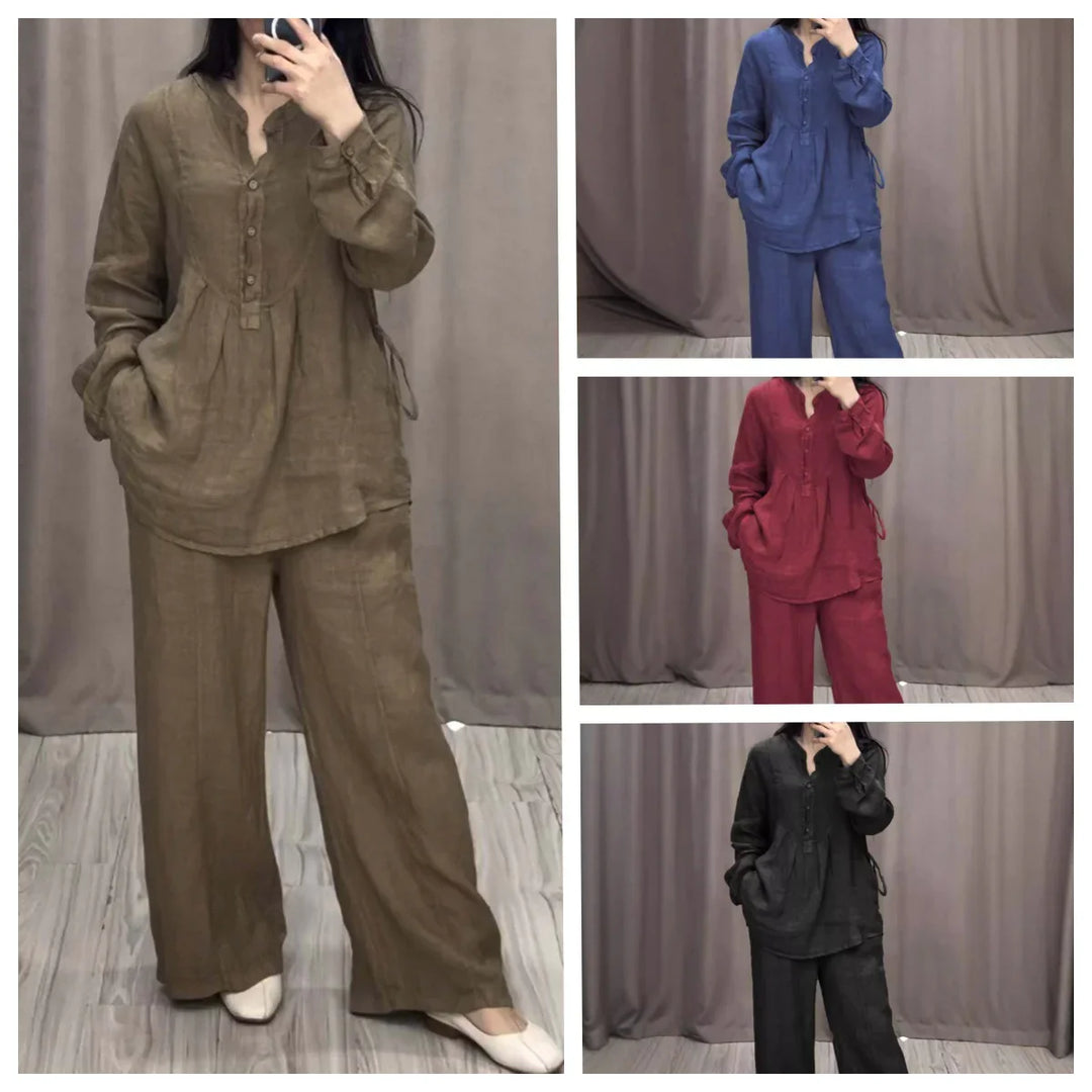 Women modeling loose linen long-sleeve tops and wide-leg pants in brown, blue, red, and black against curtain backdrop