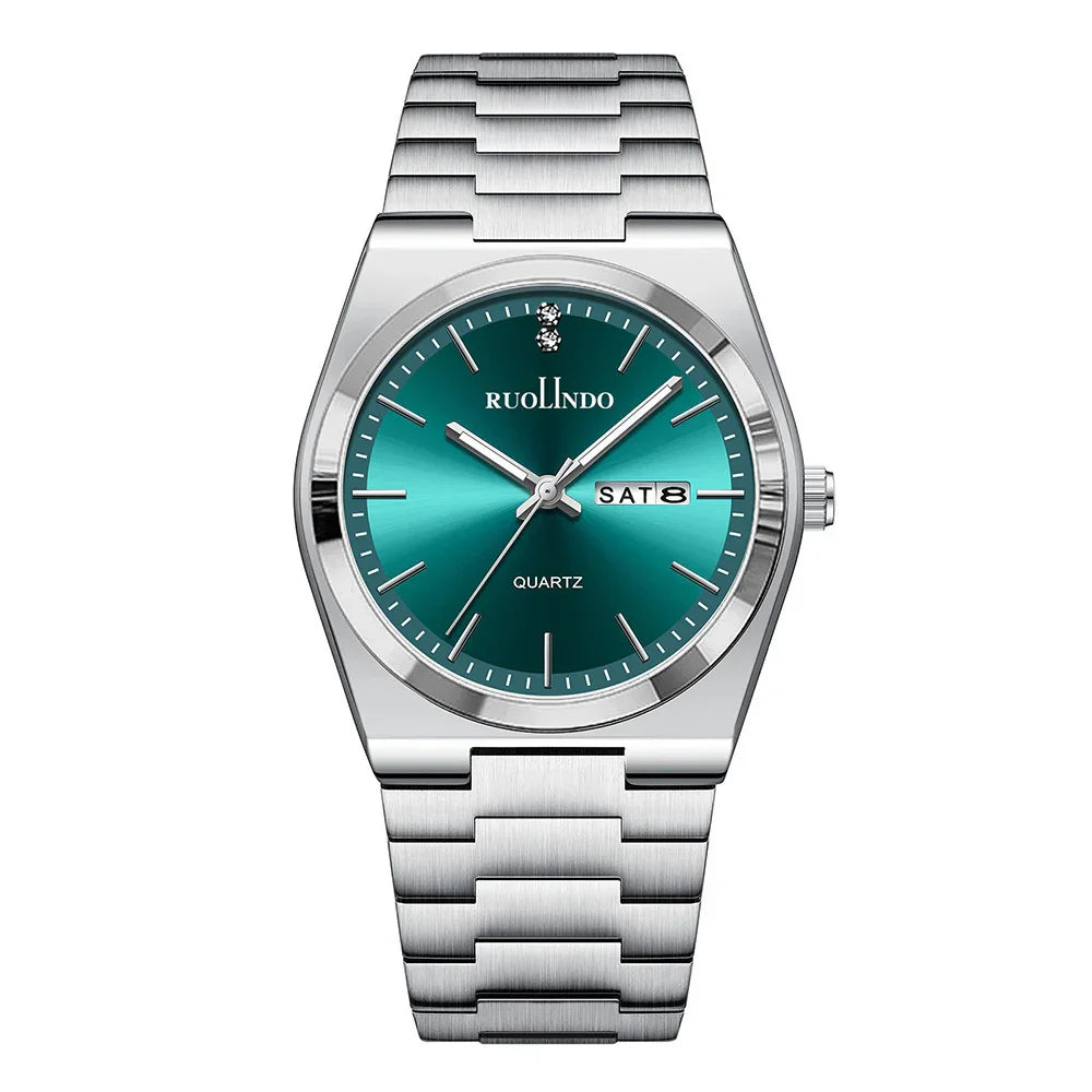 Silver stainless steel wristwatch with teal dial, date window, and quartz movement by Ruolindo