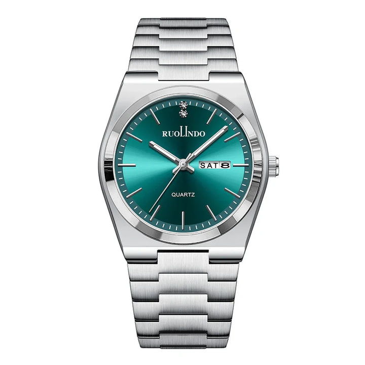 Silver stainless steel wristwatch with teal dial, date window, and quartz movement by Ruolindo