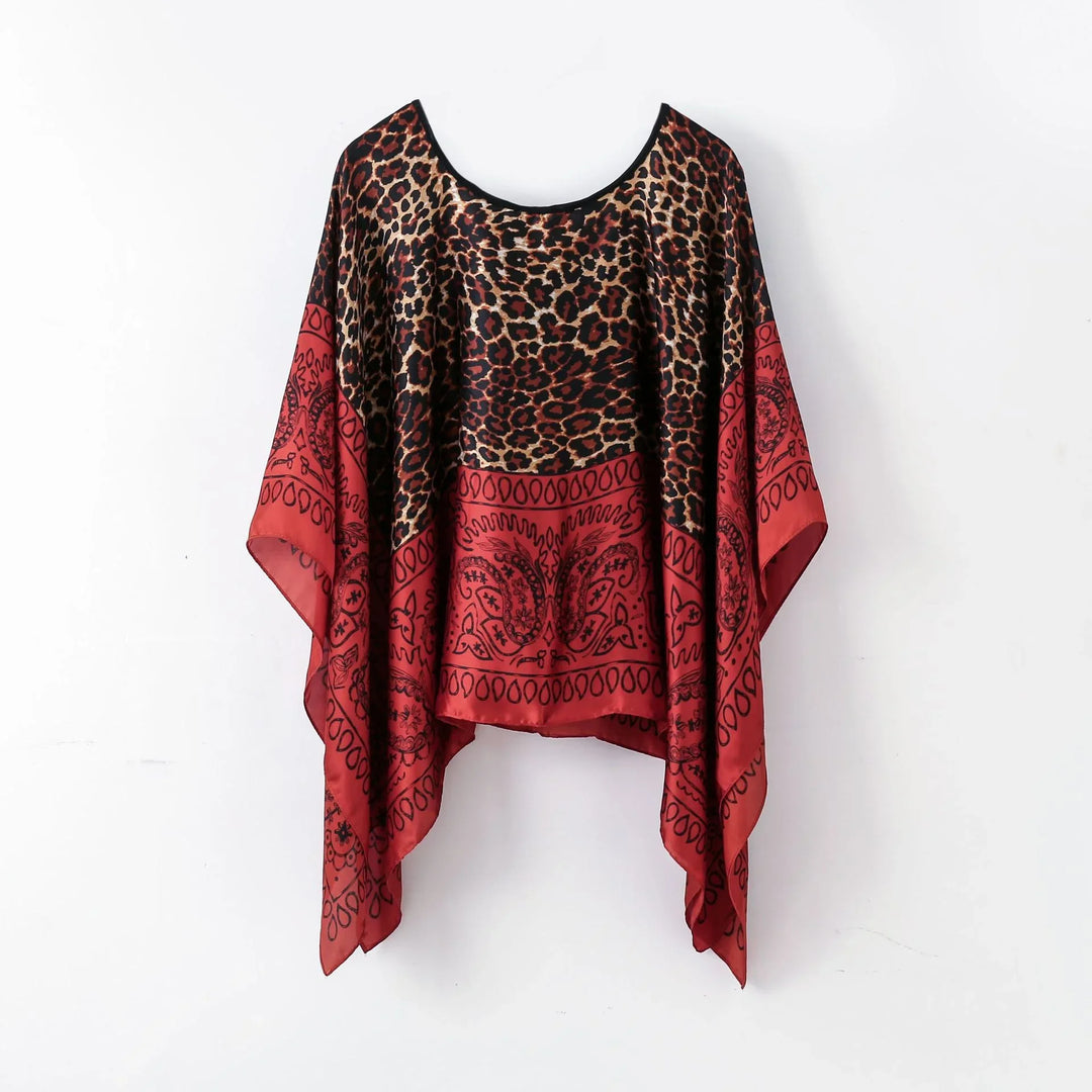 Red and leopard print women's loose top with paisley pattern and asymmetrical hem
