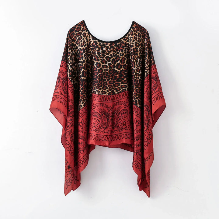 Red and leopard print women's loose top with paisley pattern and asymmetrical hem