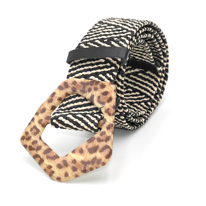 Black and white woven fabric belt with a leopard print geometric buckle