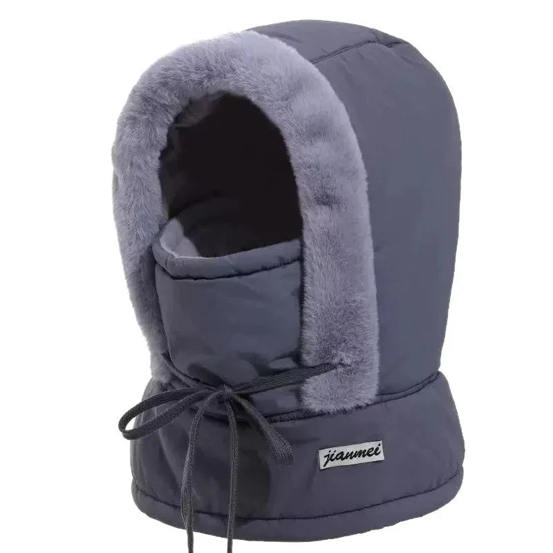 Gray winter hood with soft fur trim and adjustable drawstrings, insulated cold weather hat