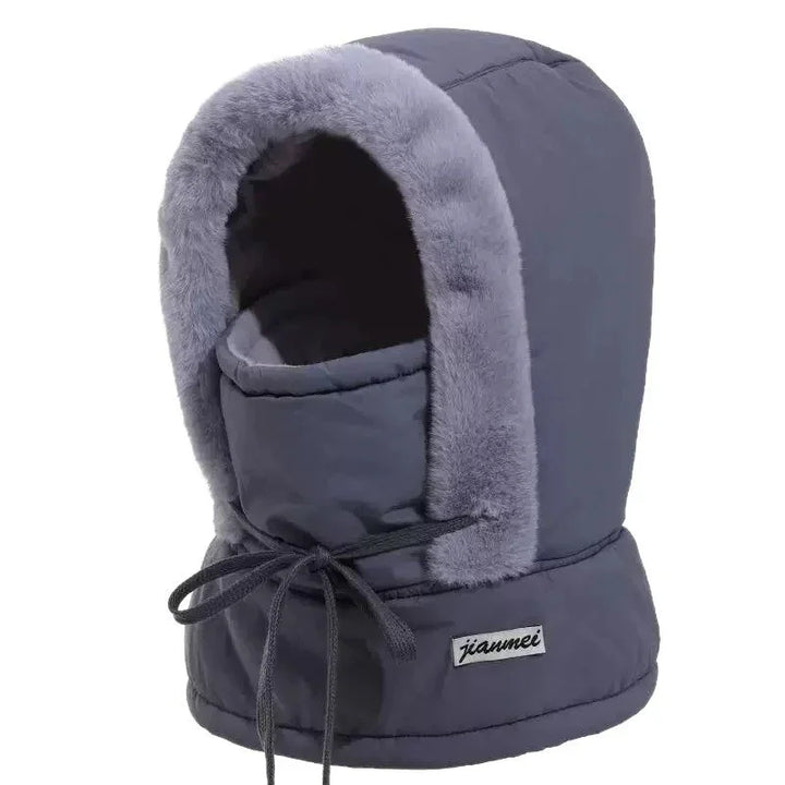 Gray winter hood with soft fur trim and adjustable drawstrings, insulated cold weather hat