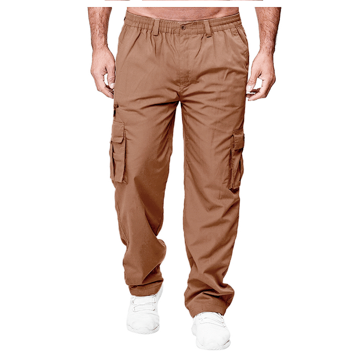 men's brown cargo pants with elastic waist and side pockets, styled with white sneakers