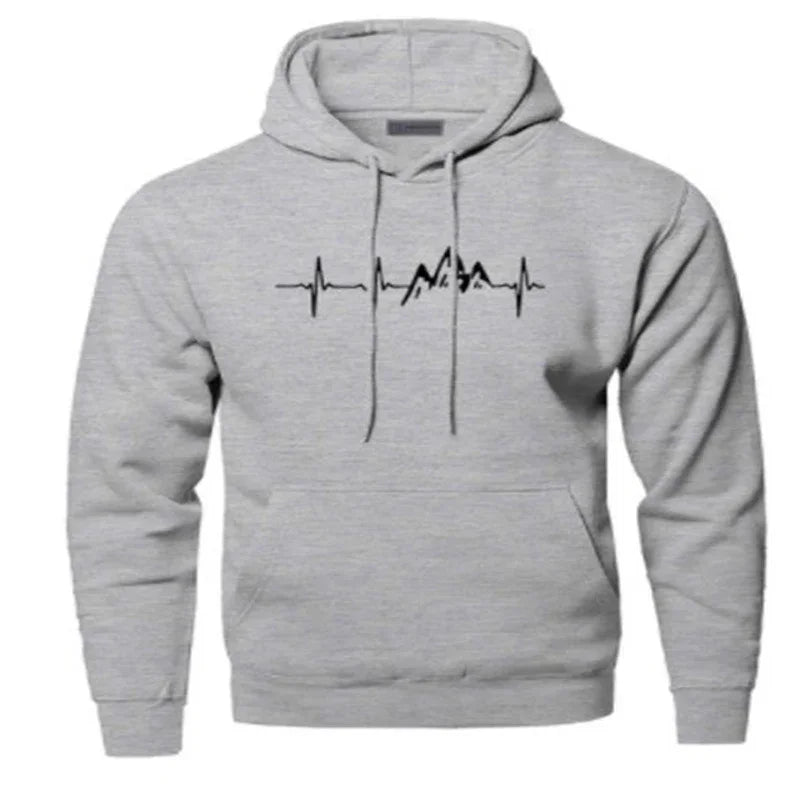 Gray hoodie with black mountain and heartbeat line graphic on front, casual outdoor sweatshirt