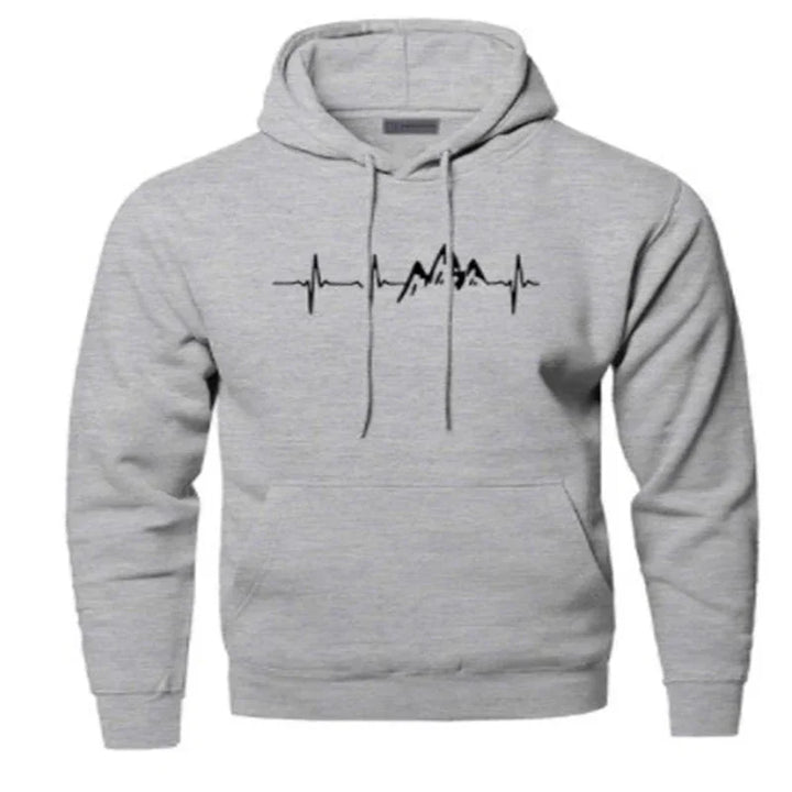 Gray hoodie with black mountain and heartbeat line graphic on front, casual outdoor sweatshirt