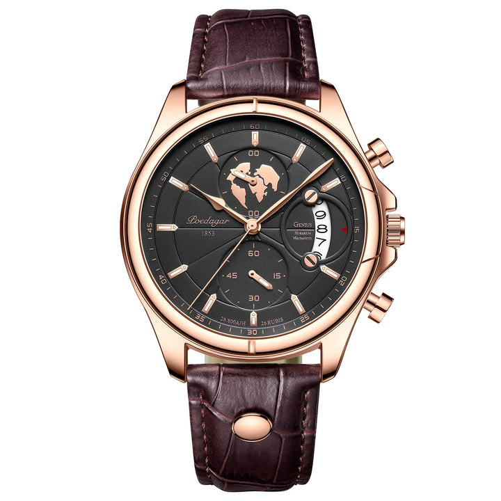 Rose gold luxury wristwatch with black dial, world map design, chronograph, and brown leather strap