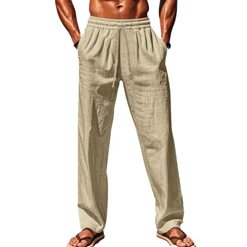 Men's beige lightweight linen pants with drawstring, casual fit, paired with sandals
