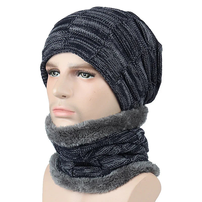 Men's knitted winter beanie hat and matching fleece-lined neck warmer set in dark gray