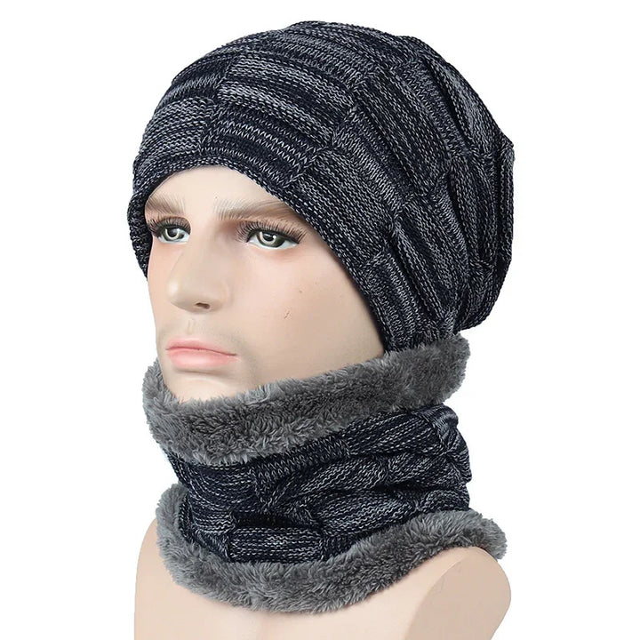 Men's knitted winter beanie hat and matching fleece-lined neck warmer set in dark gray