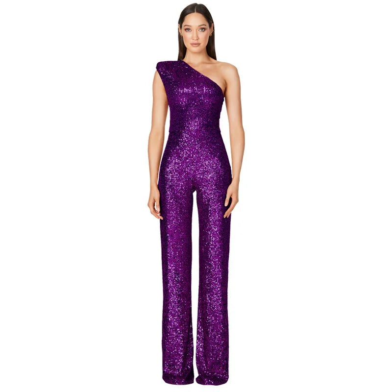 Woman wearing one-shoulder purple sequin jumpsuit with wide-leg pants on white background