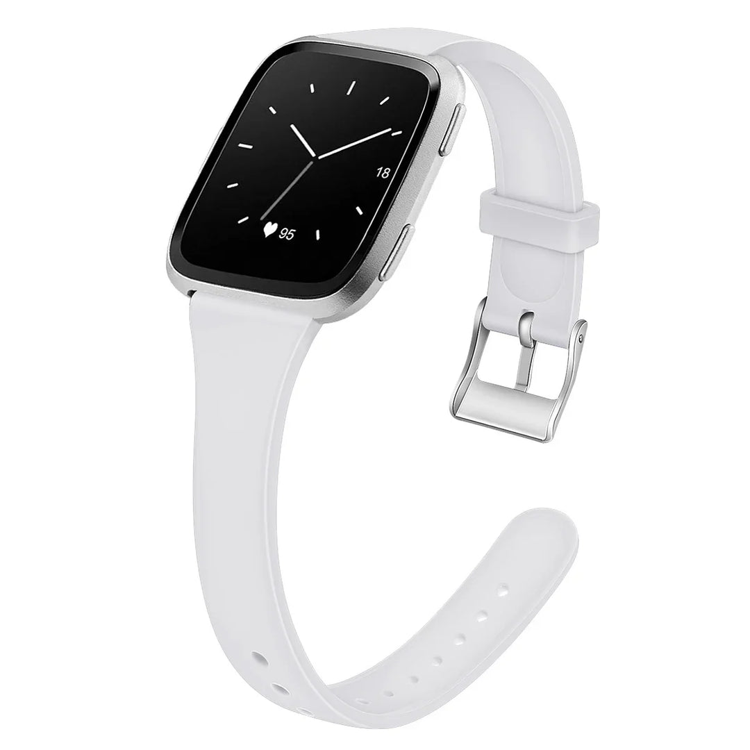 Silver smartwatch with white silicone band showing analog clock and heart rate 95 bpm on screen