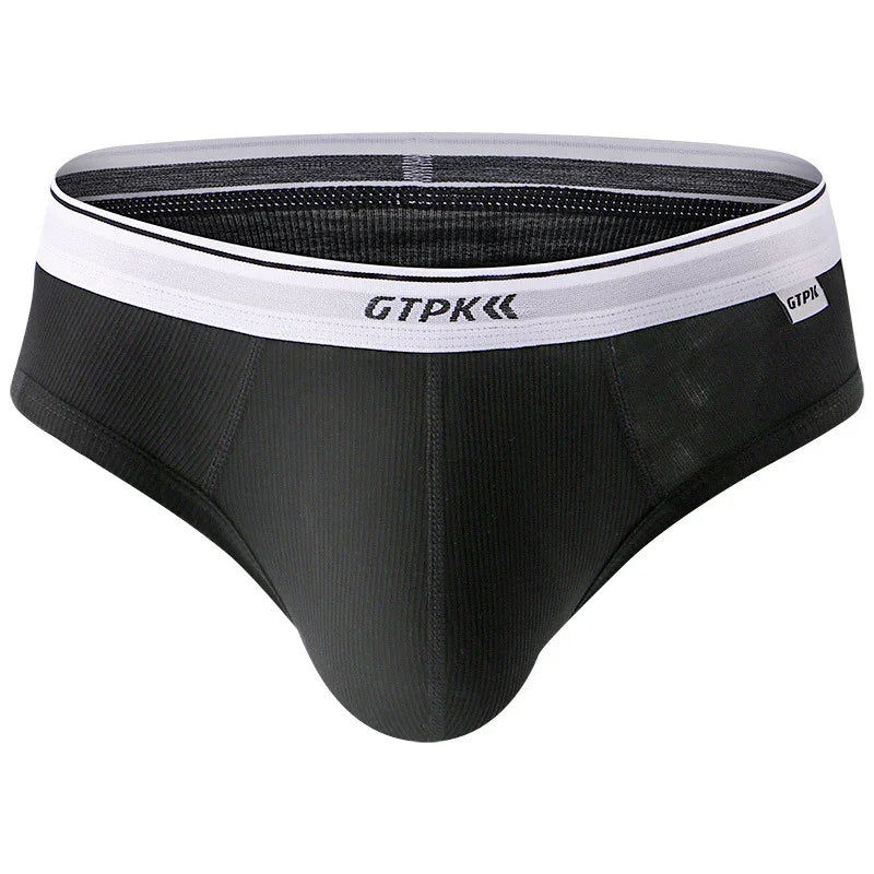 Black men's brief underwear with white waistband featuring GTPK logo and ribbed fabric