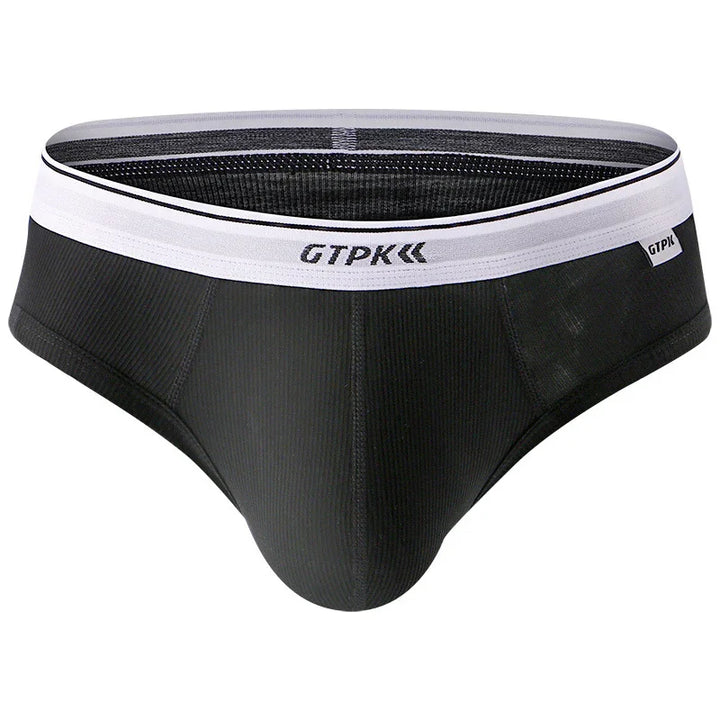 Black men's brief underwear with white waistband featuring GTPK logo and ribbed fabric
