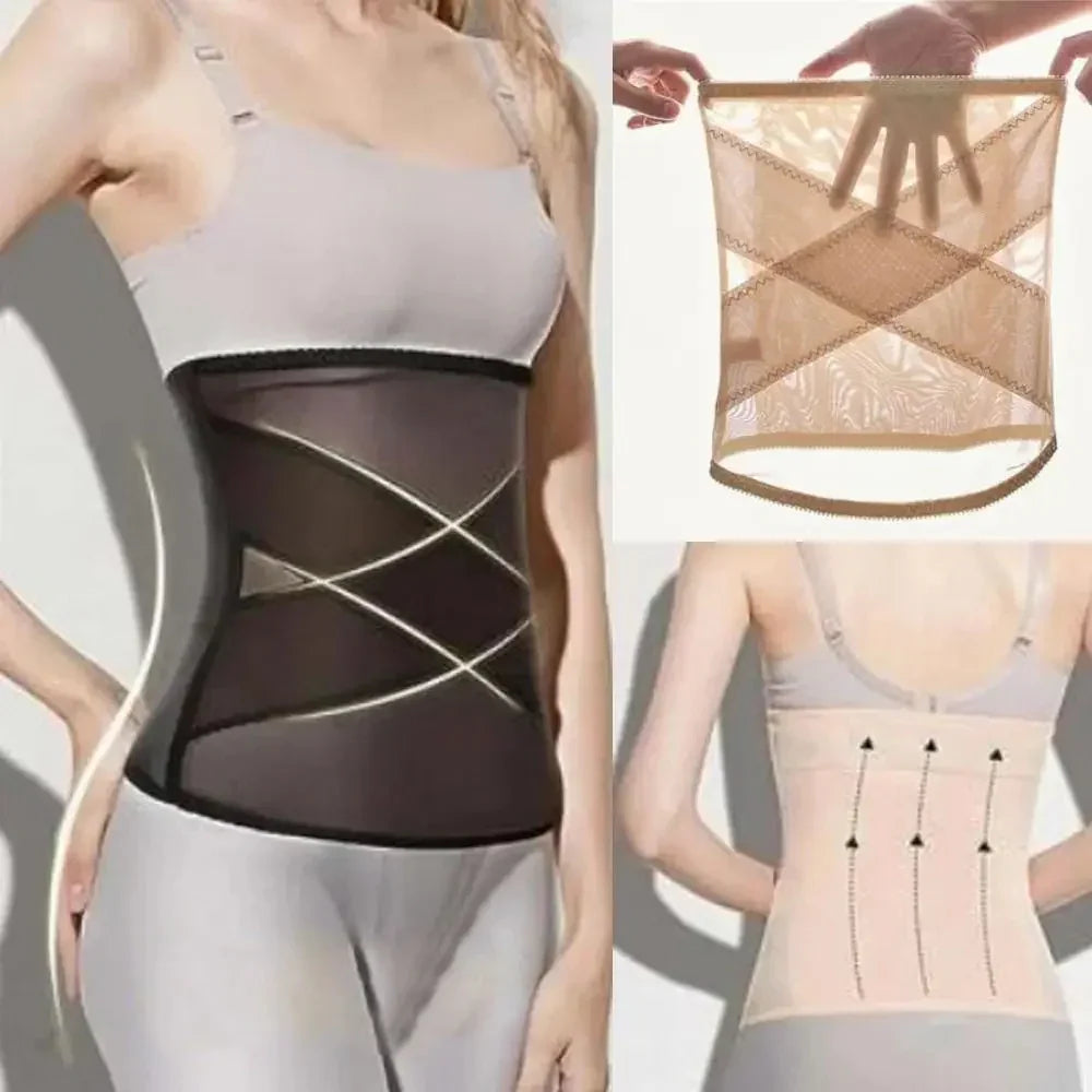 Black and beige waist trainer slimming belt on model showing front, back with arrows, and fabric stretch
