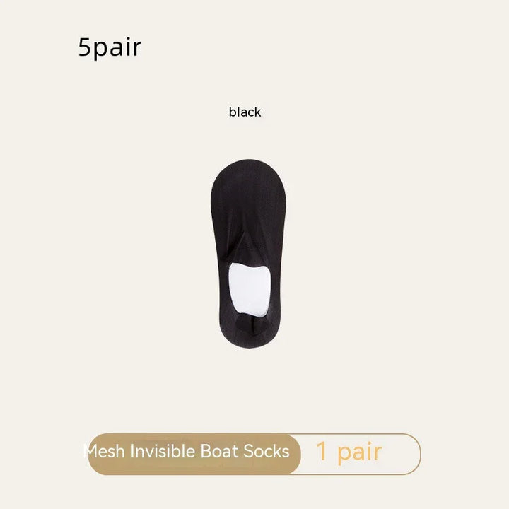 Black mesh invisible boat sock single pair on beige background with text