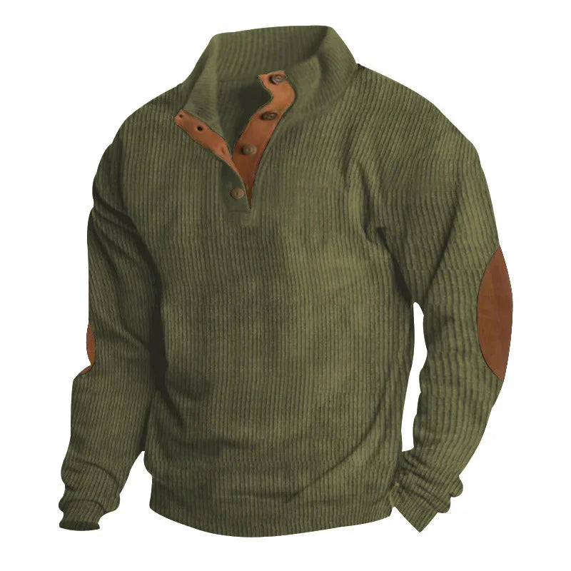 olive green ribbed pullover sweater with brown leather elbow patches and buttoned collar