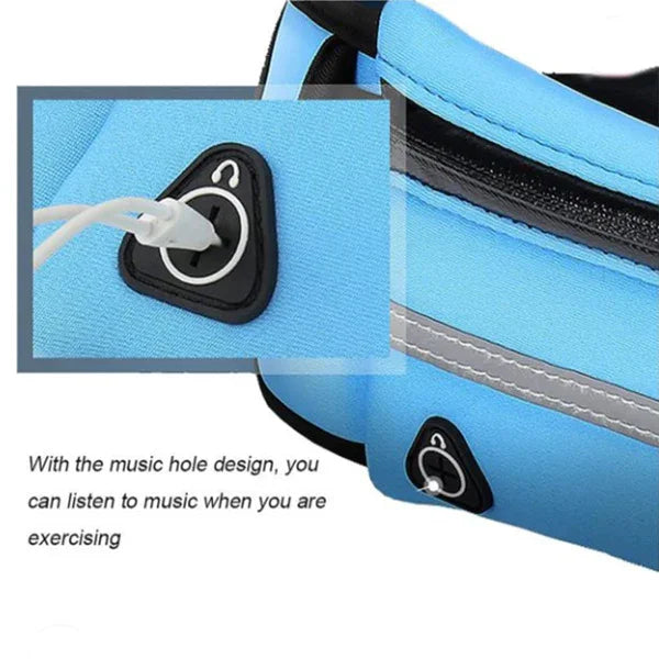Blue exercise waist bag with headphone jack design for listening to music while exercising