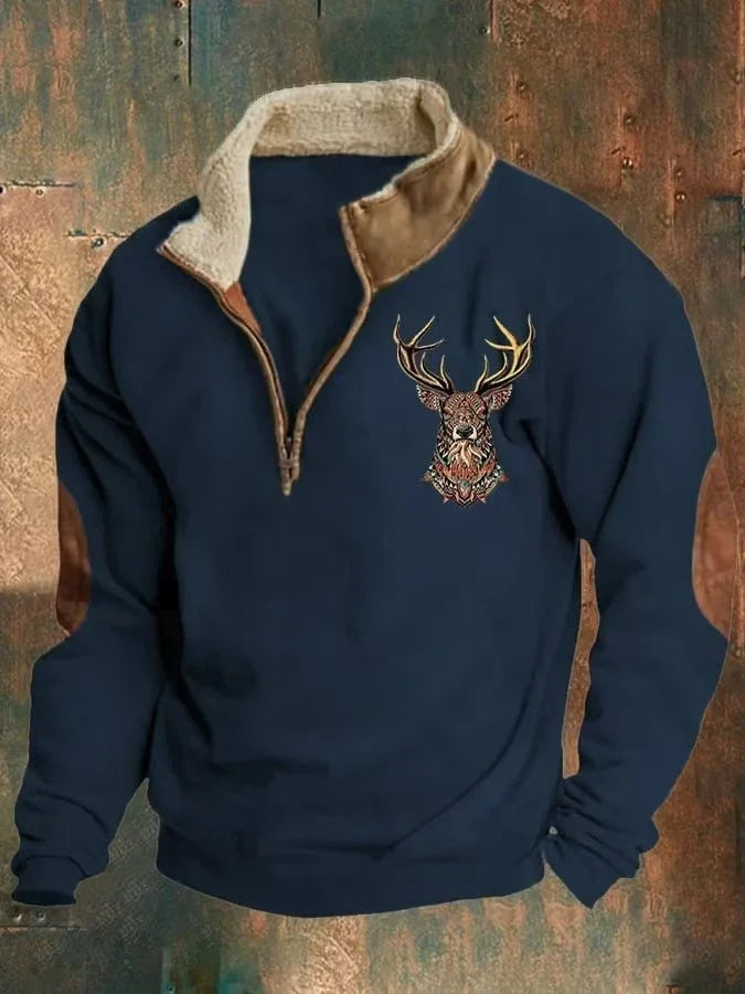 Navy blue fleece pullover with zippered collar, tan elbow patches, sherpa lining, and embroidered deer head design