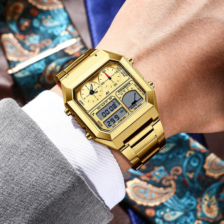 Gold stainless steel digital analog Foxbox wristwatch on man’s wrist with suit and paisley background