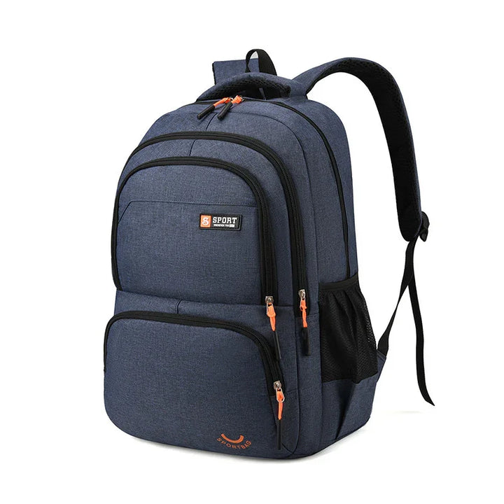 Blue sport backpack with multiple zip compartments and padded shoulder straps