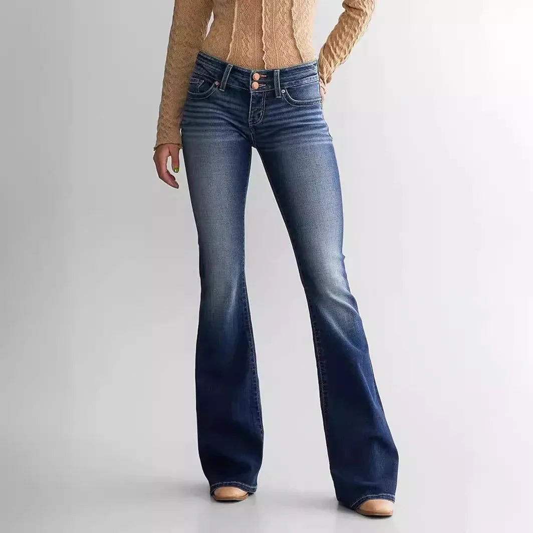 Woman wearing high-waisted dark blue flare jeans paired with beige long sleeve top