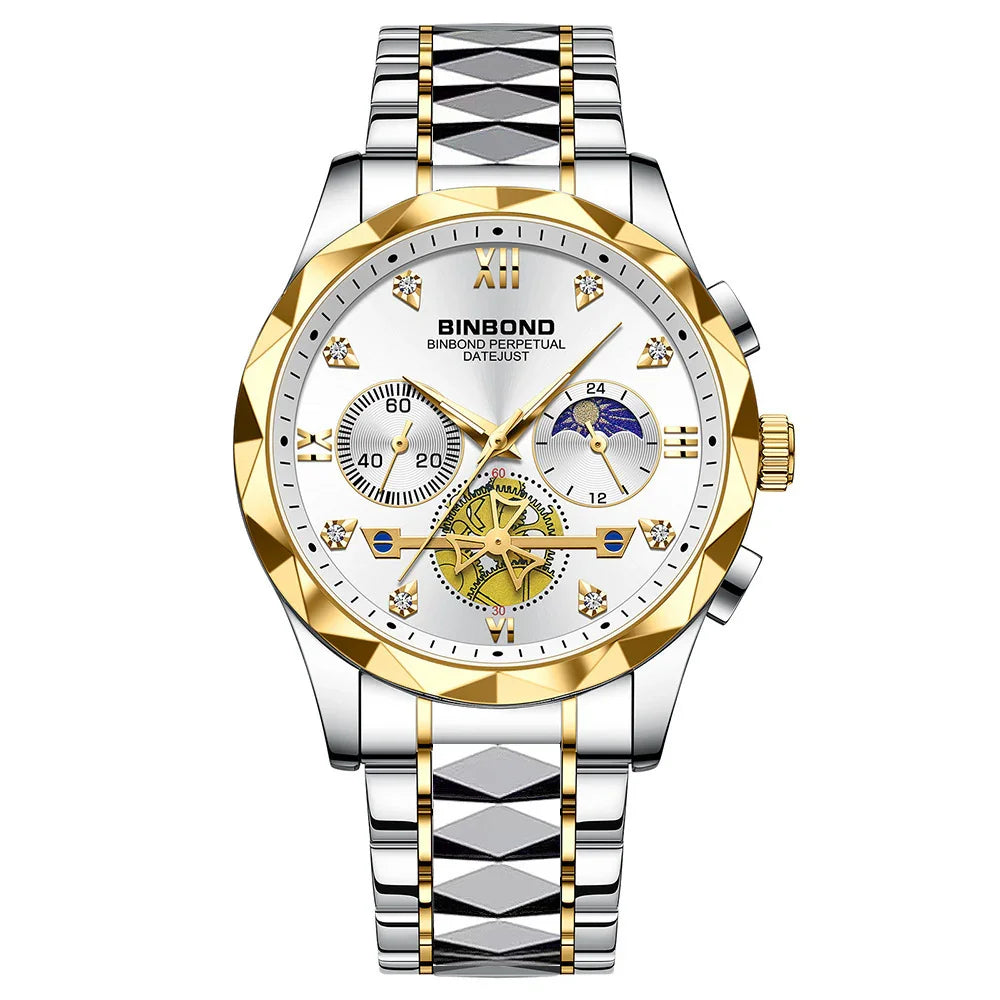 Luxury BINBOND Perpetual Datejust men's wristwatch with gold bezel and silver-gold bracelet