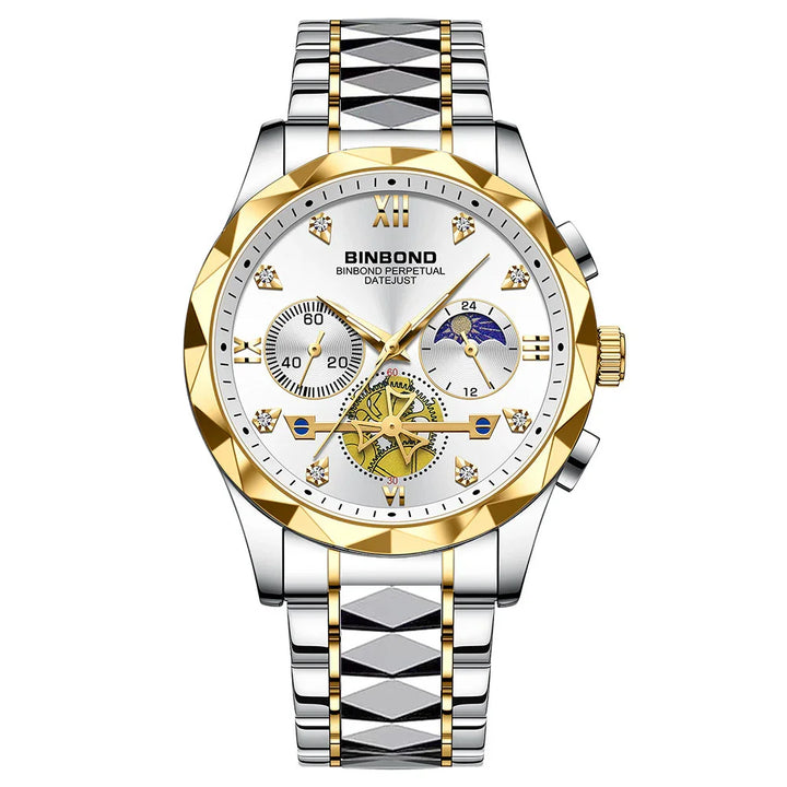 Luxury BINBOND Perpetual Datejust men's wristwatch with gold bezel and silver-gold bracelet