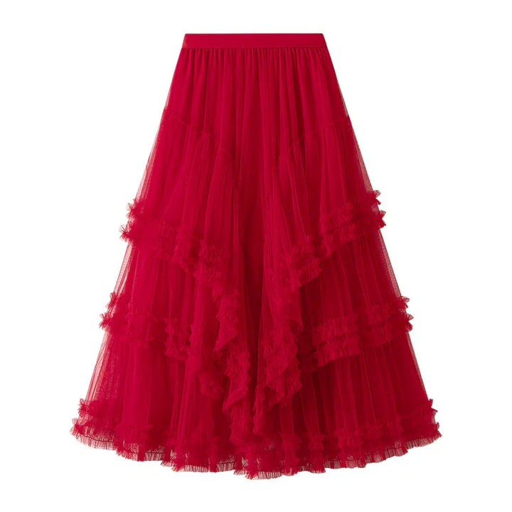 Elegant red tiered tulle midi skirt with ruffle detailing and gathered waistband on white background