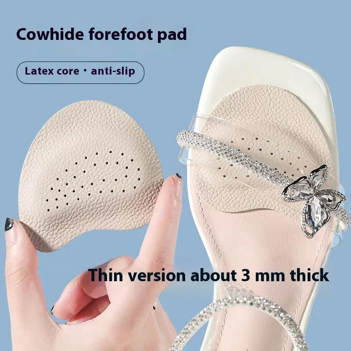 Cowhide forefoot pad with latex core and anti-slip feature, thin 3mm thick, shown on open-toe sandal