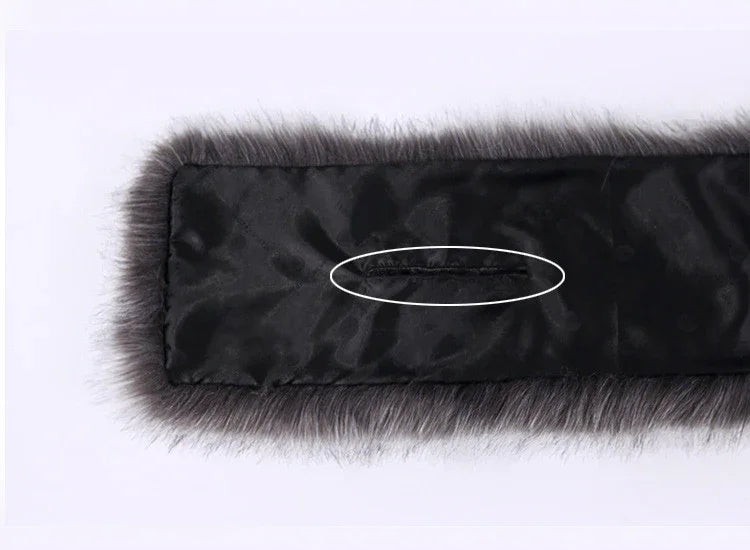 Black satin fabric strip with grey faux fur trim and a stitched buttonhole detail