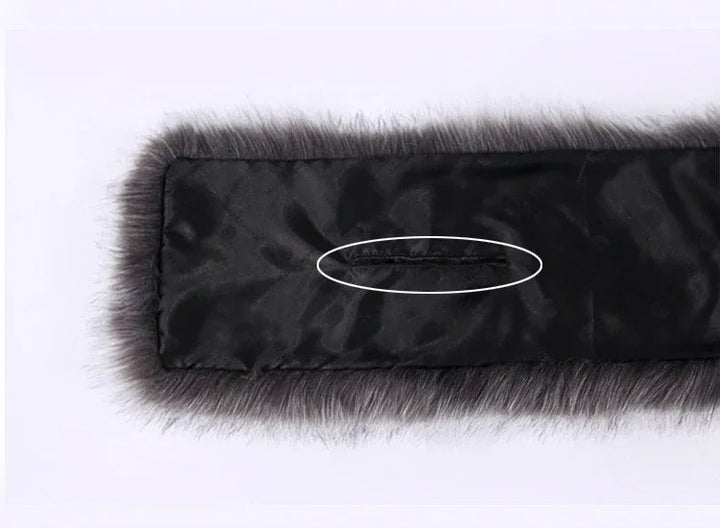 Black satin fabric strip with grey faux fur trim and a stitched buttonhole detail